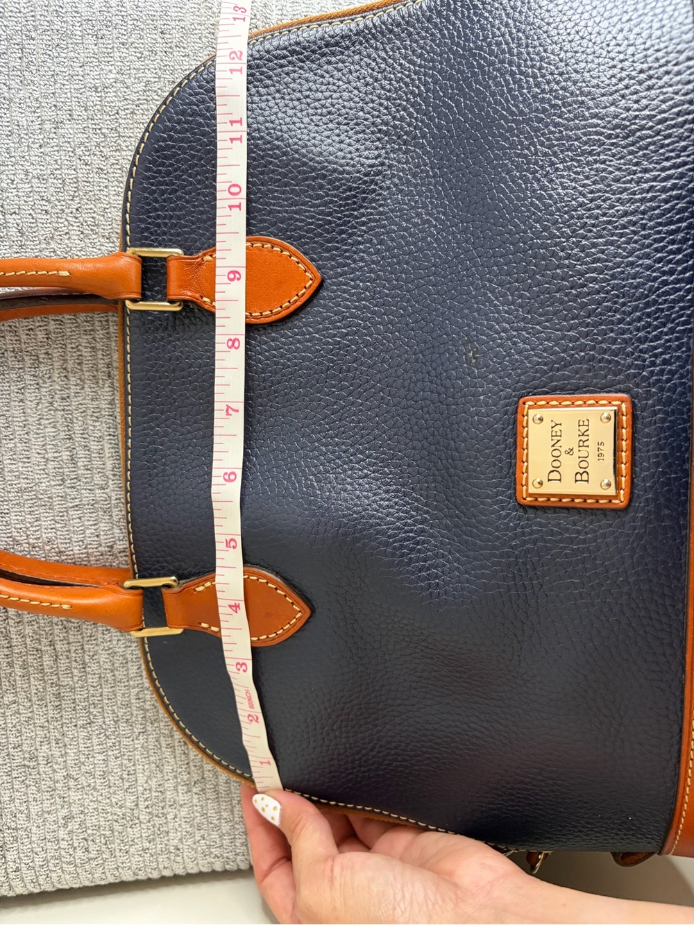Dooney & Bourke Pebbled Leather Dome Satchel Bag Navy Blue/Brown Trim - Picture 13 of 15